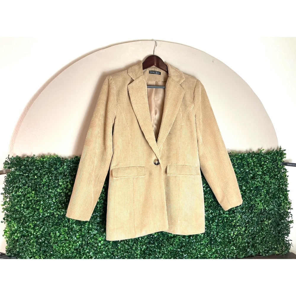 SHEIN Corduroy Blazer‎ Womens M Neutral Tan Casual One Button Pocketed Lined